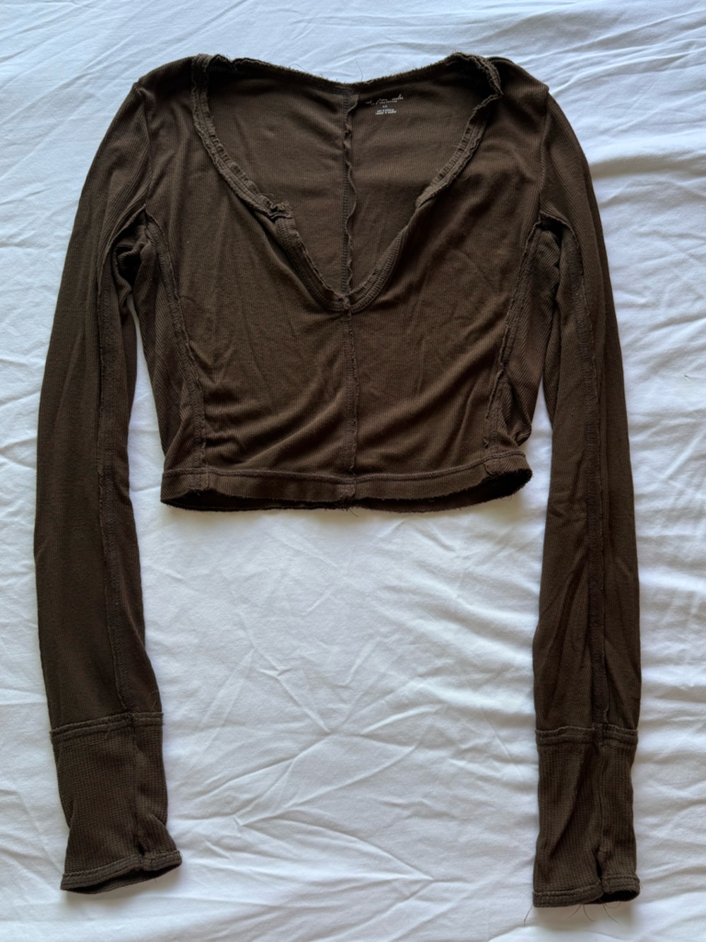 Out From Under Women’s Deep V Cropped Distressed Long Sleeve Top Brown Sz. M